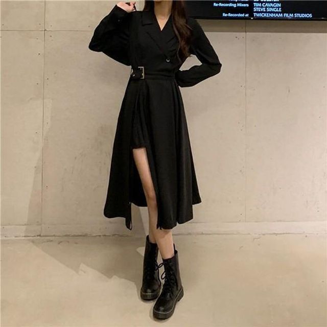 여성 자켓 셔츠형 디자인 벨트 끈 롱 원피스