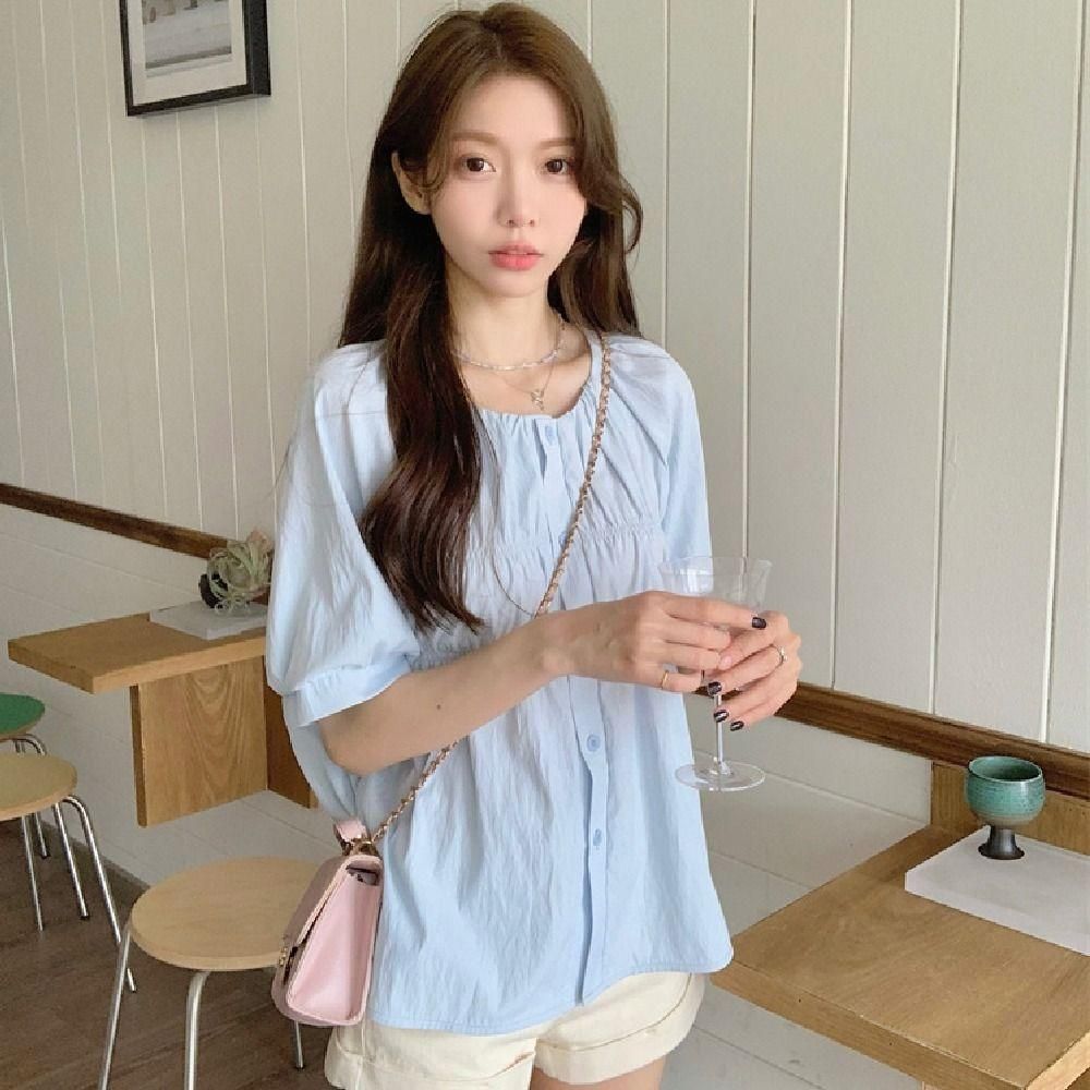 플레어 여름 셔링 반팔 노카라 여성 셔츠 블라우스