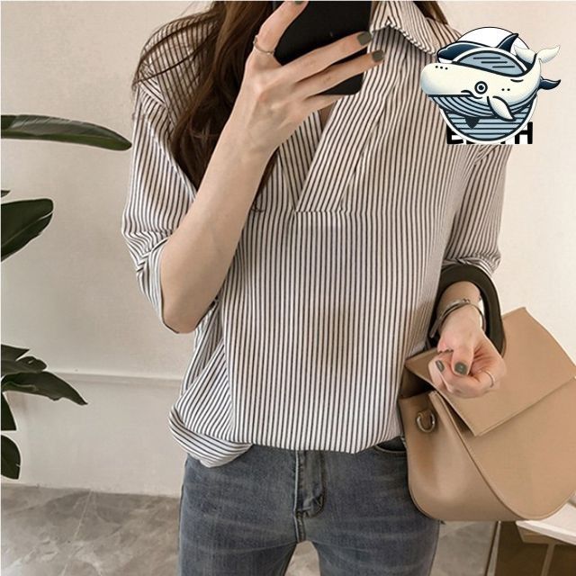 여름 스트라이프 브이넥 소매 블라우스 시원한