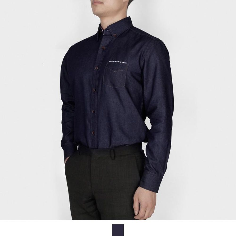 남성용 진청 데님 드레스 셔츠