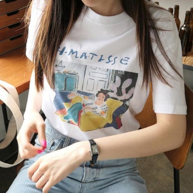 여성 프린팅 여름 기본 라운드넥 데이 면 반팔