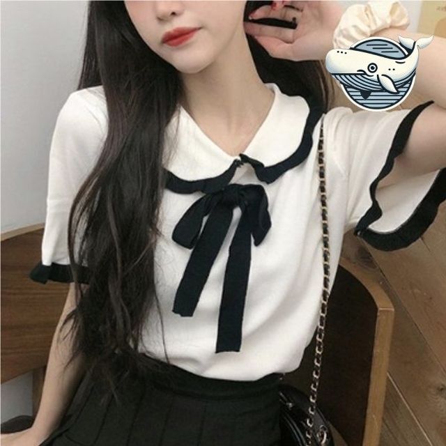 여성용 카라 레이스 반팔 티셔츠 우아한 리본