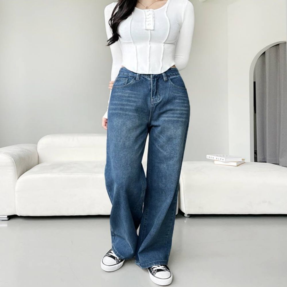 여자 캣워싱 하이웨스트 세미 와이드 데님팬츠 청바지