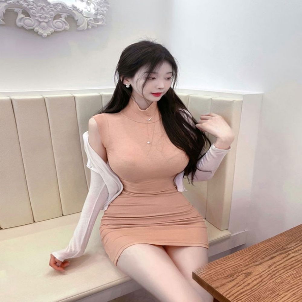 여성 3컬러 반폴라 H라인 민소매 목폴라 미니원피스