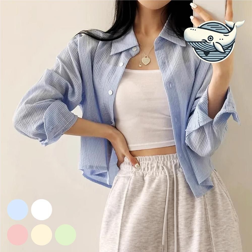 여성 스프링 스트라이프 반크롭 셔츠 경량