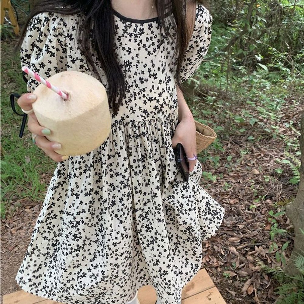 리본장식 플라워패턴 셔링 여름 러블리 미니 원