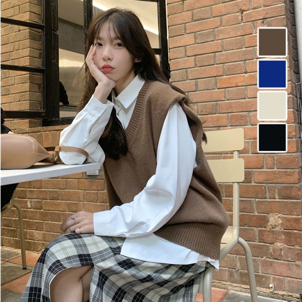 봄 가을 심플 깔끔 오버핏 브이넥 니트 베스트 조끼
