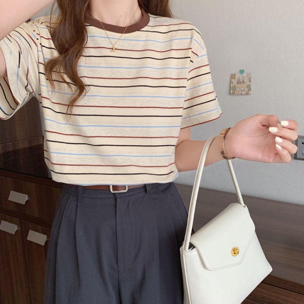 티셔츠 데일리 반팔 라운드 여자 스트라이프 단가라