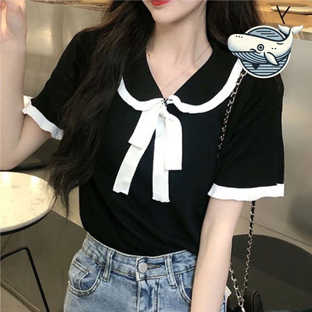 리본 카라 반팔 티셔츠 여름 데일리 스타일