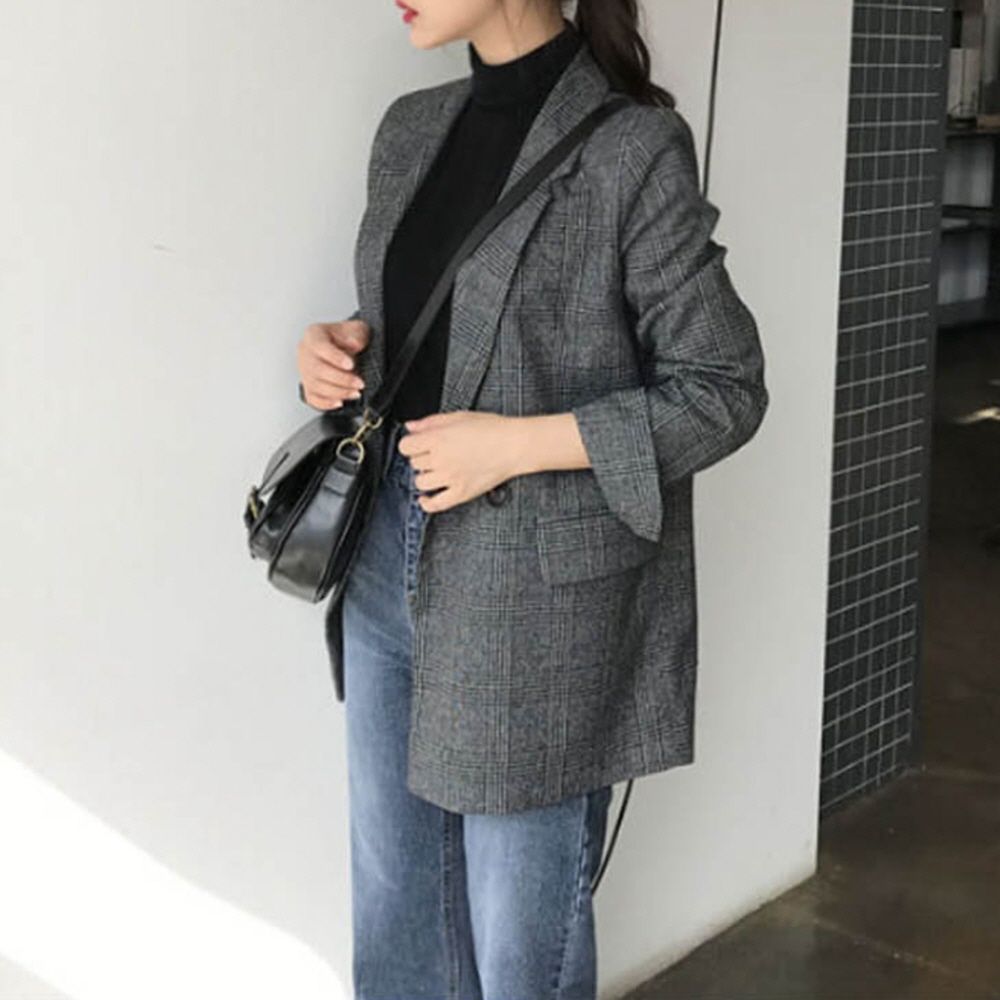 스타일 블랙M 여자 봄가을 정장 자켓 체크 가