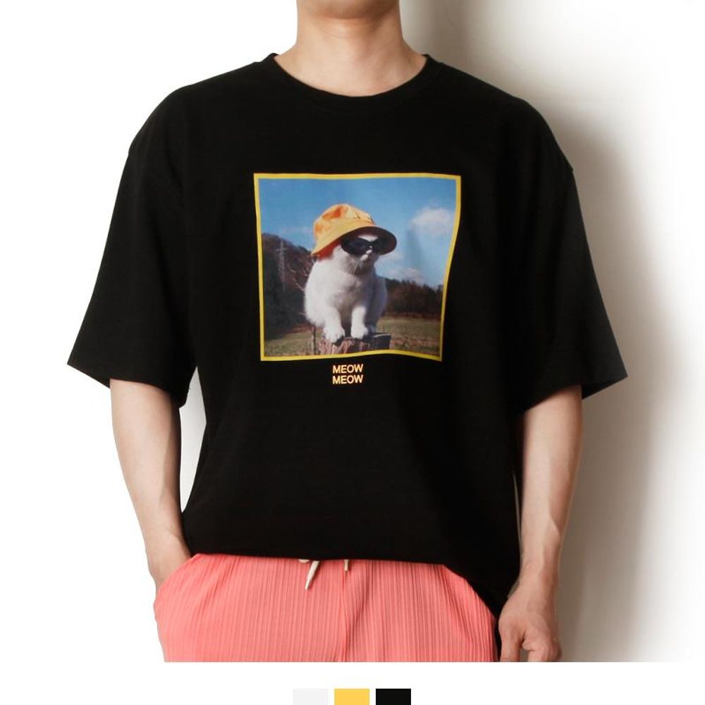 커플룩 고양이 프린트 반팔 티셔츠