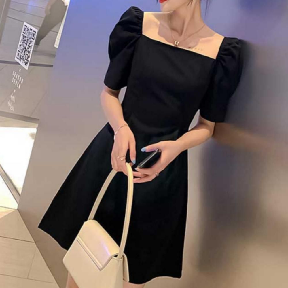여성 여름 데이트룩 퍼프 오프숄더 미니 블랙 원피스