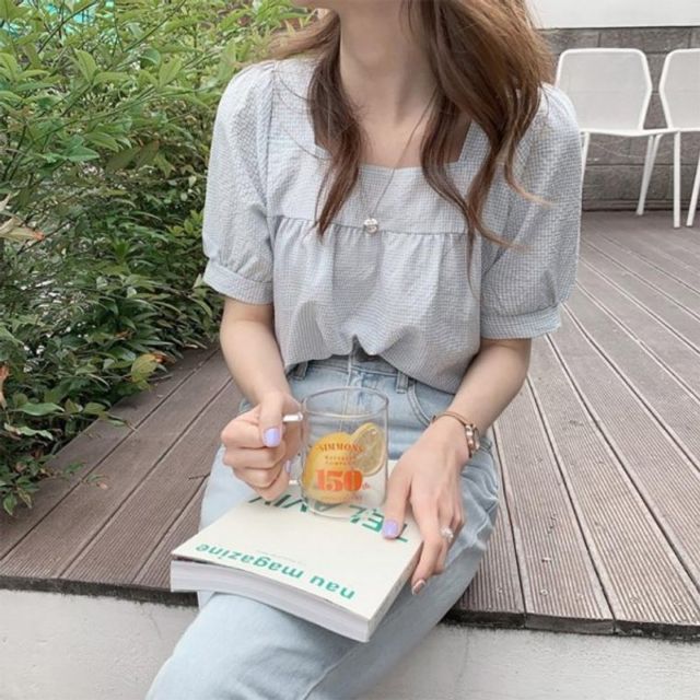 시원한 스퀘어넥 소재 기본 셔링 데이 여자 체크 반팔