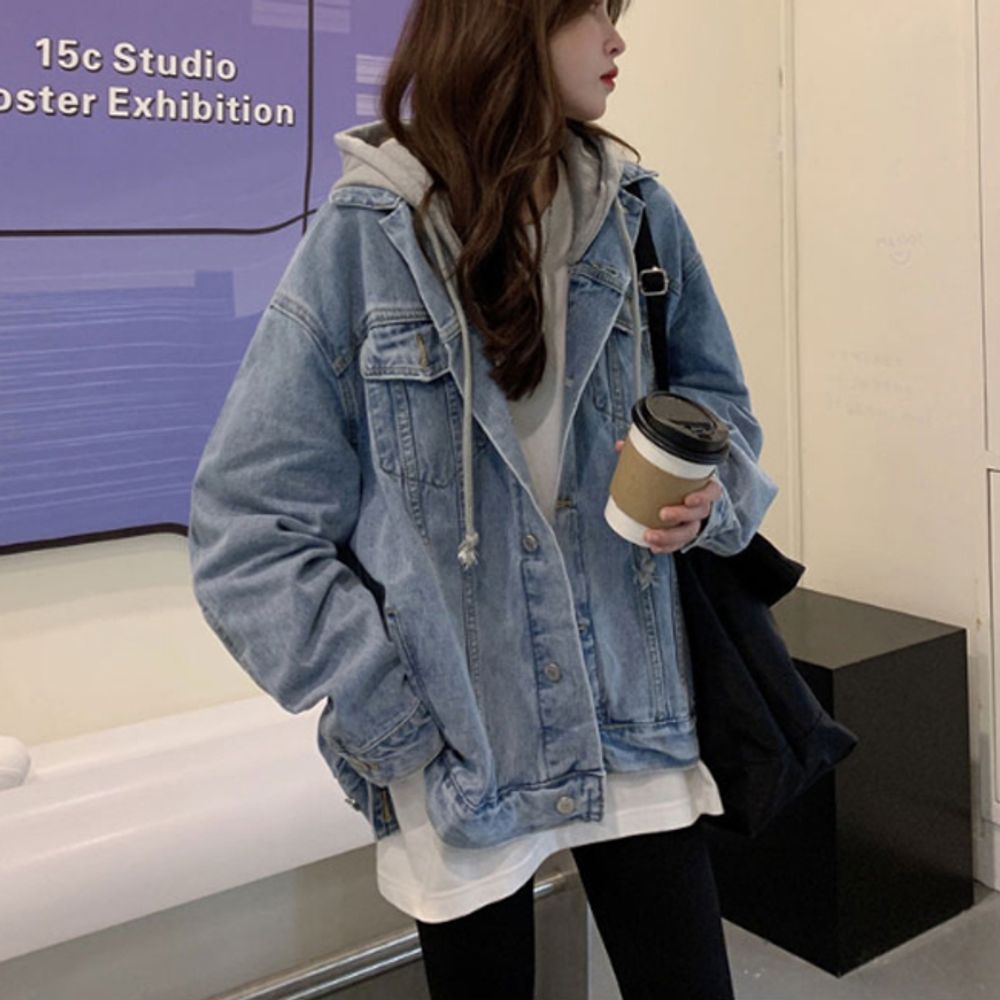 여성 탈부착 후드 청자켓 연청 1P 루즈핏 데님 외투