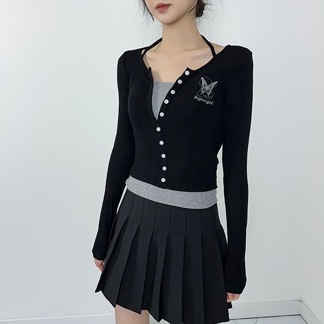 나비 자수 넥 스트랩 홀터 레이어드 골지 긴팔티셔츠