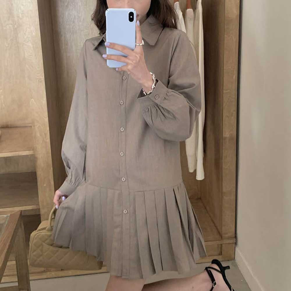심플 플리츠 카라 미니 원피스 셔츠형 여친룩 봄가을
