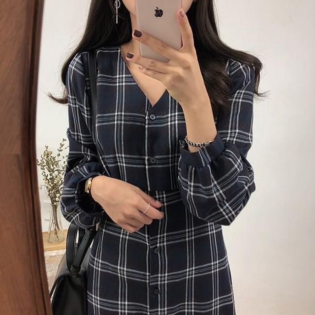 여성 데일리 체크 패턴 가을 단추 원피스 6N