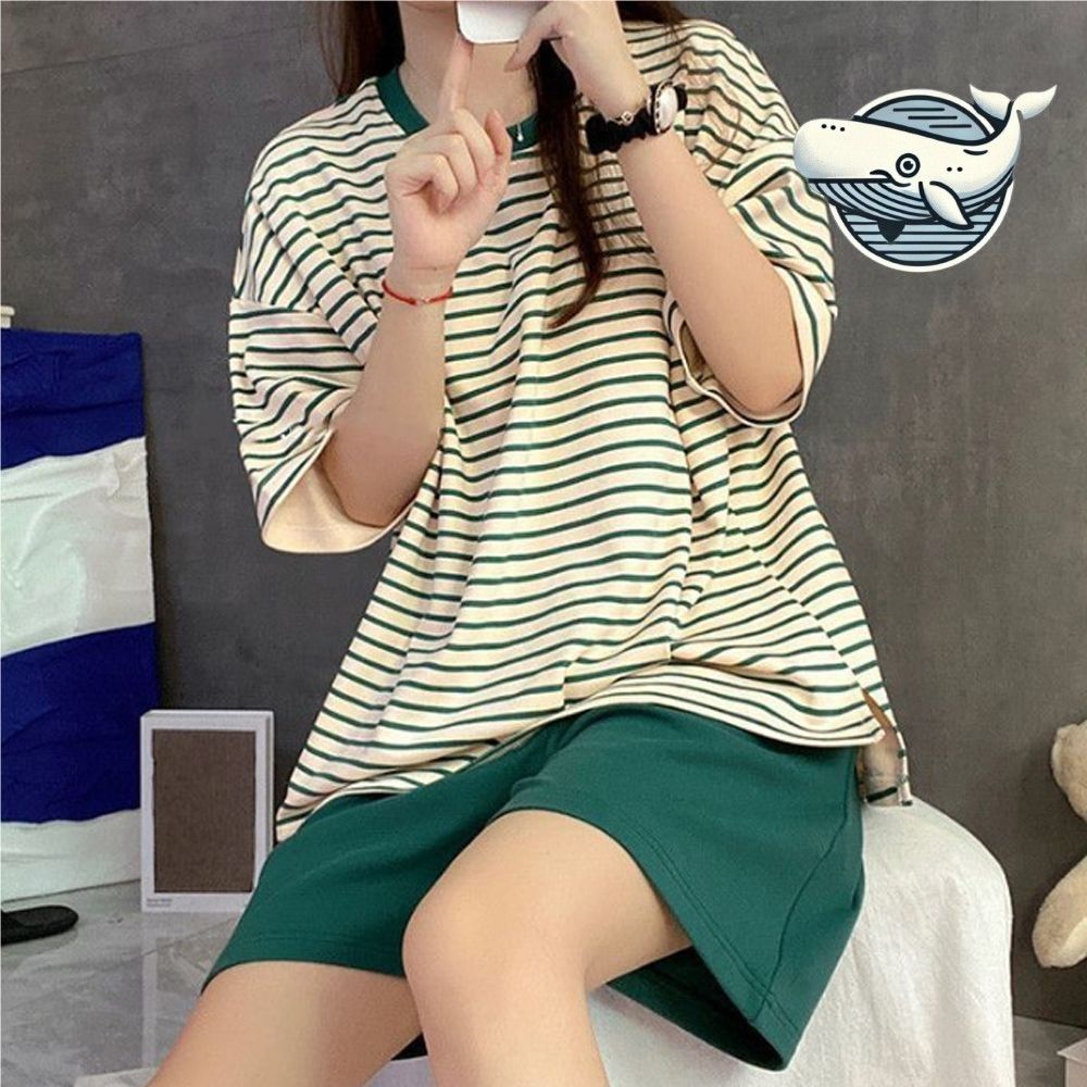 여성 여름 패드 내장 반팔 티셔츠 잠옷 그린
