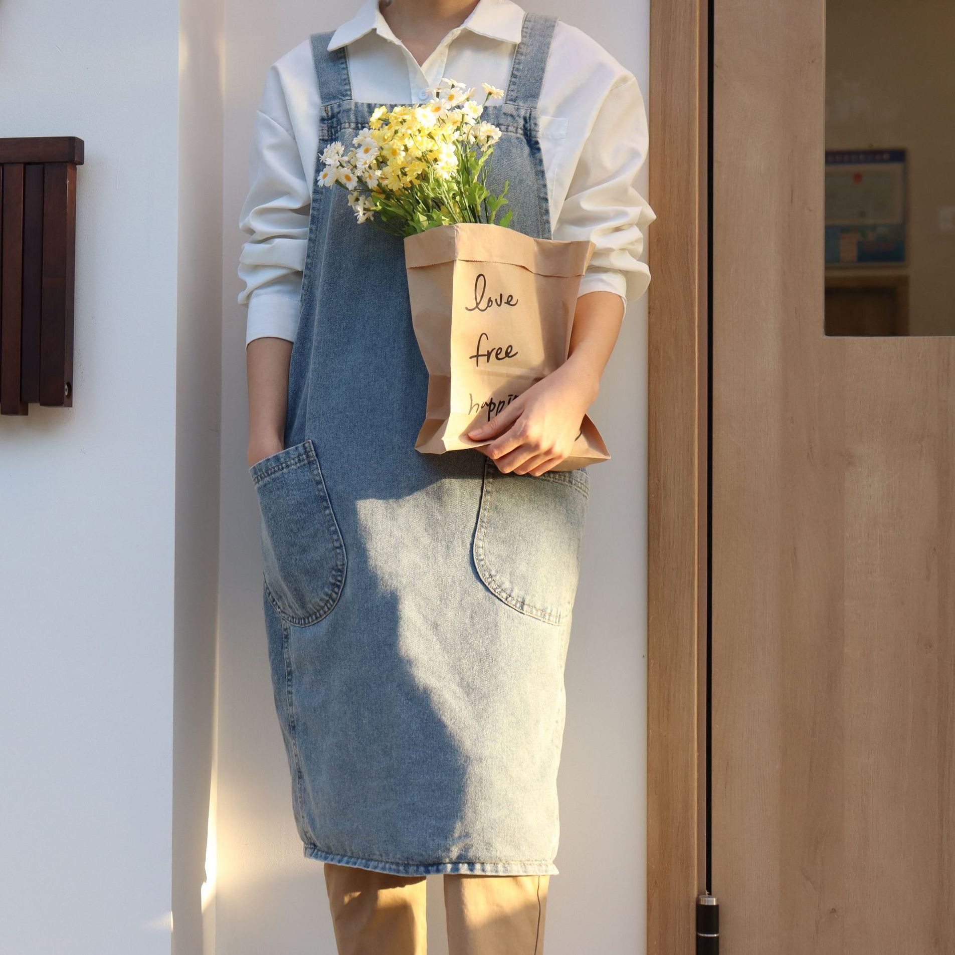 데님 면 앞치마 어린이집 카페 공방 화방 꽃집 원피스