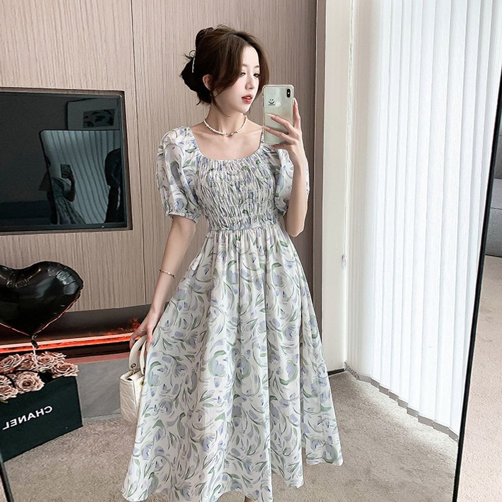 비치룩 바캉스룩 러플리 퍼프소매 플라워패턴 원피스