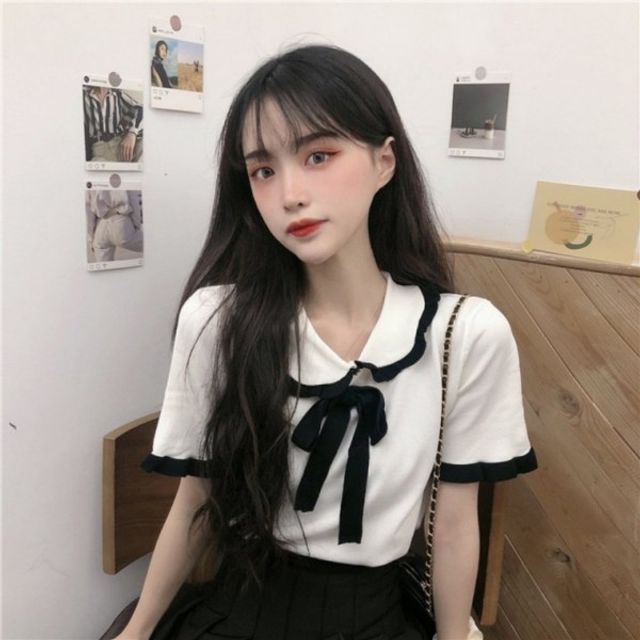 레이스 카라 비틀버드 기본 리본 데이 반팔티