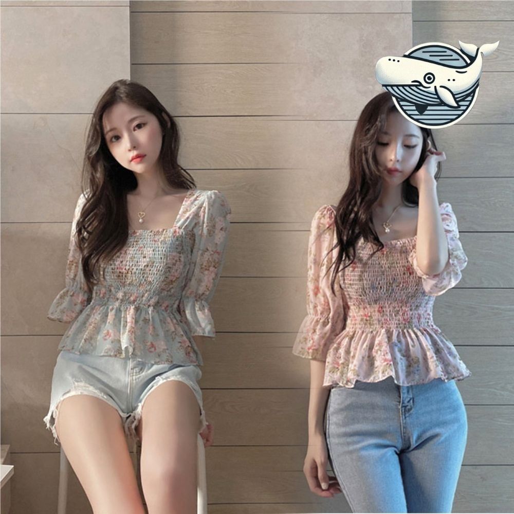 여름 여성 블라우스 꽃무늬 셔링 반팔 스퀘어넥