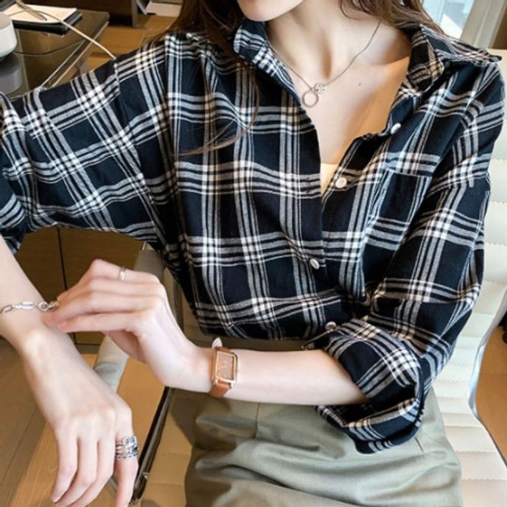 체크 여성가을 여자셔츠 긴팔티 2색 프리 여자
