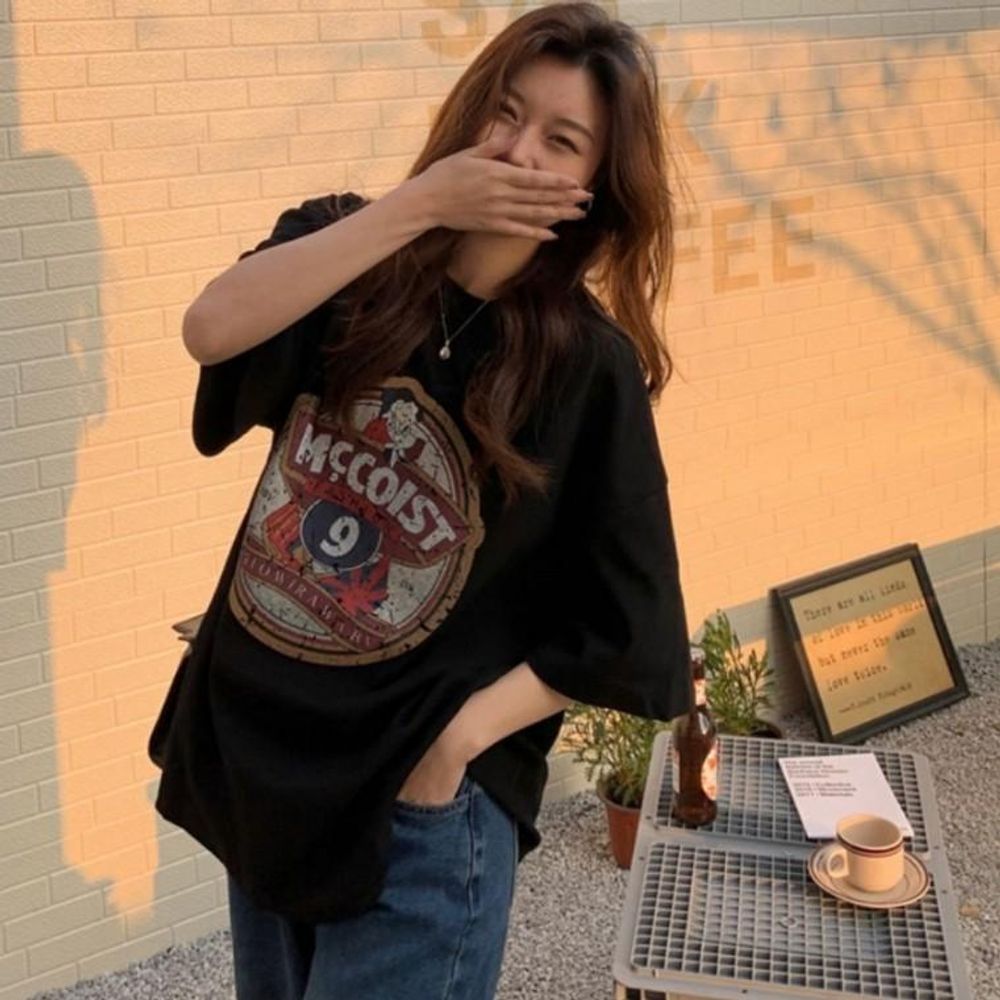 빈티지 여자 반팔 티셔츠 루즈핏 여성 라운드 박스티