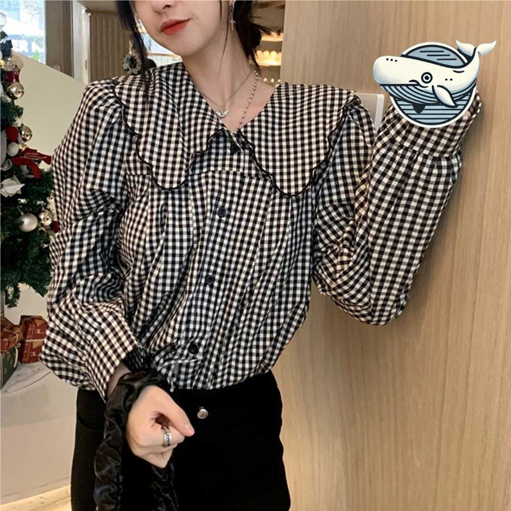 모던 체크 빅카라 퍼프소매 블라우스 데일리룩