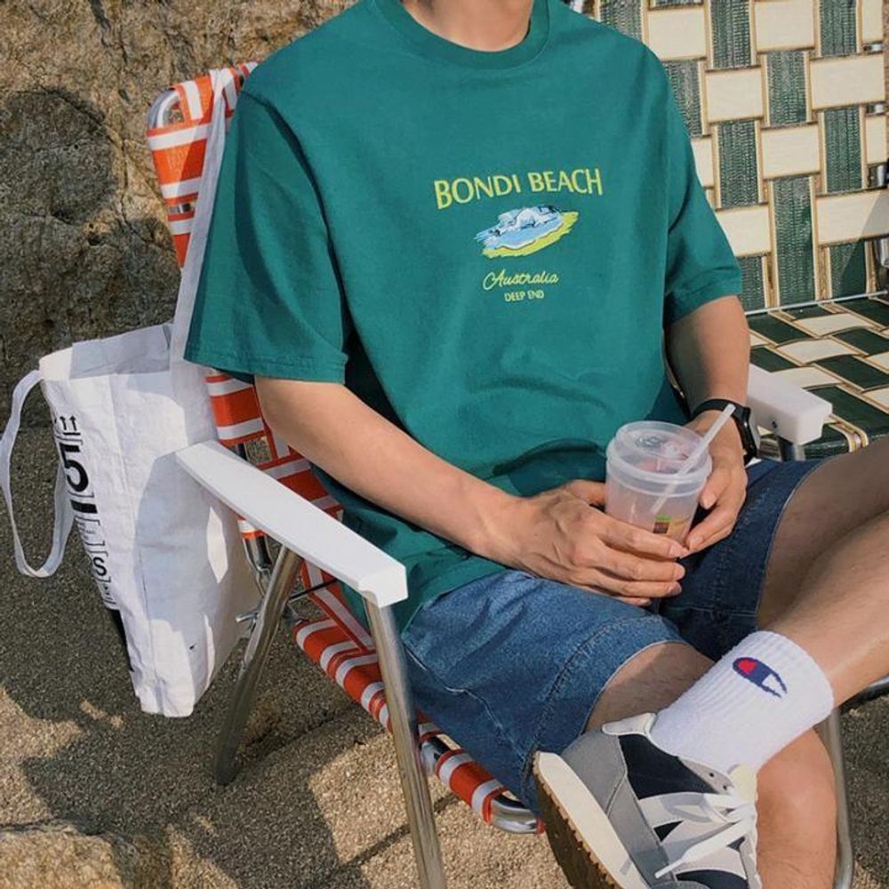 남성 봄여름 캐쥬얼 코튼 반팔 비치 티셔츠 남성 반팔