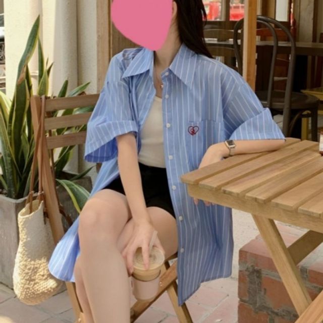 하트자수 반팔 여자 기본 셔츠 데이 스트라이프 여성