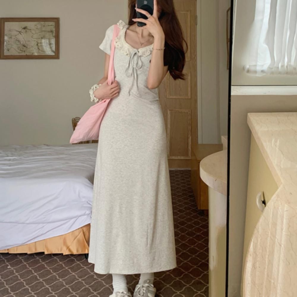 여성 여름 데일리 바캉스 프릴 레이스 카라 롱 원피스