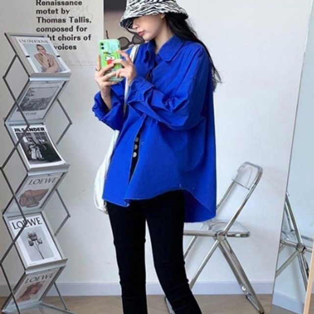 차르르 여성 소재 기본 루즈핏 데이 패션 블루 코디