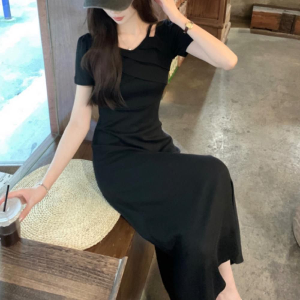 여성 여름 데일리 바캉스 트임 셔링 슬림핏 롱 원피스
