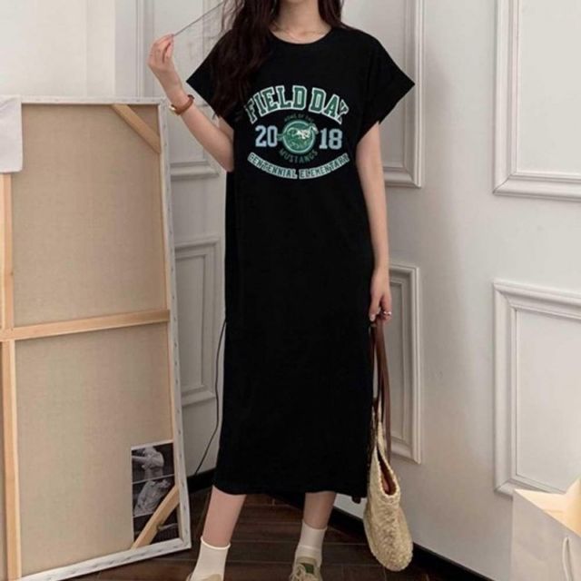 영문 롱원피스 프린팅 기본 소매 데이 롤업 한쪽옆트