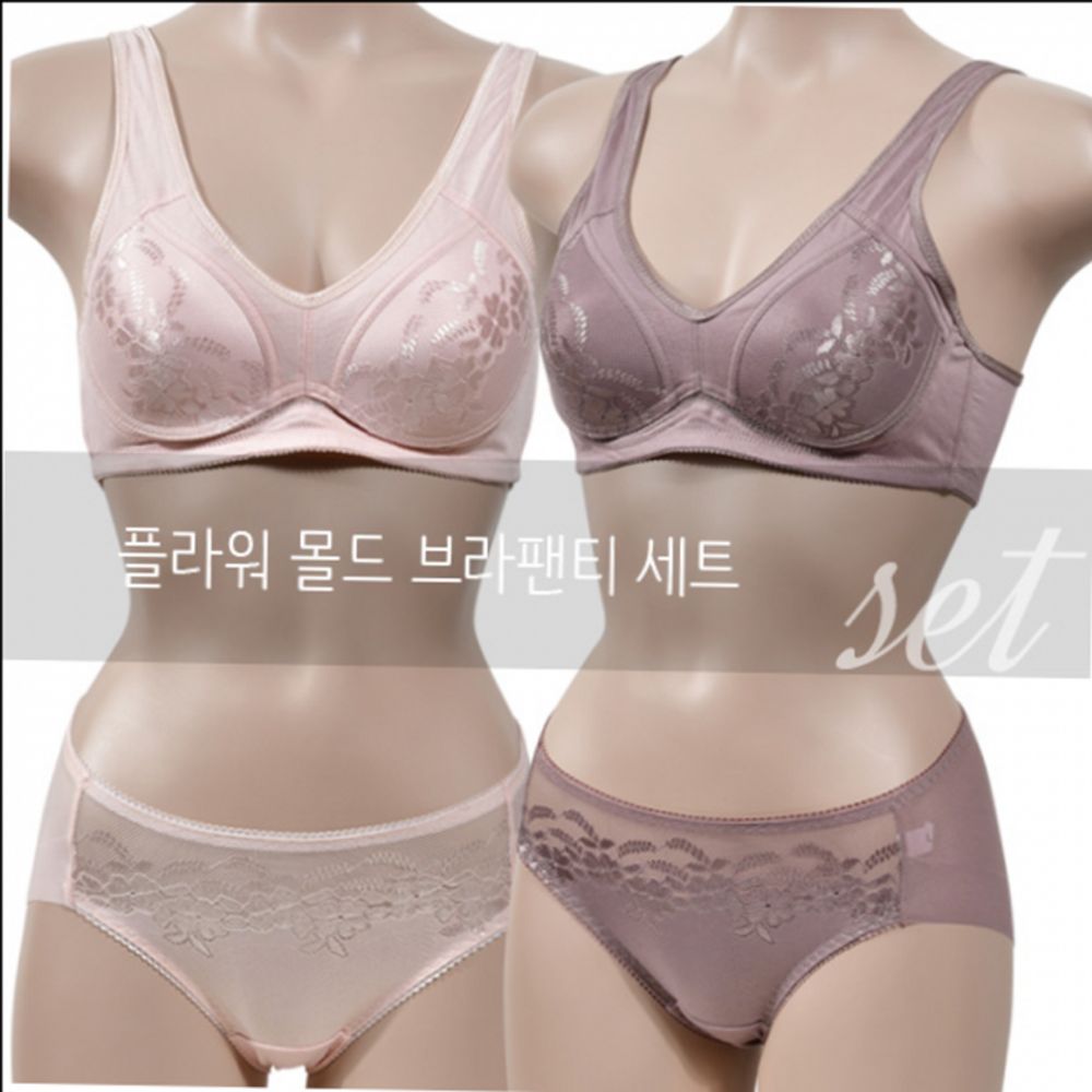 플라워 노와이어 브라팬티세트 편안한 착용감 베이지
