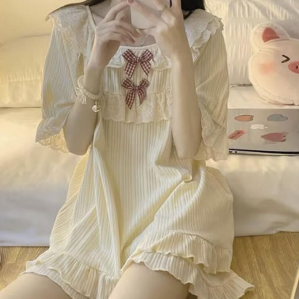 예쁜 레이스 여름 잠옷 여자 신상 리본 수면 파자마