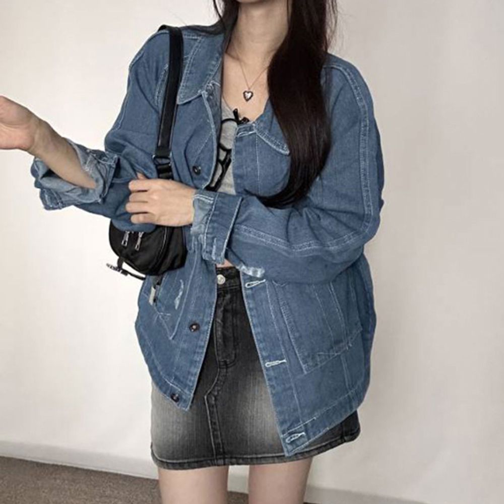 여성 빈티지 루즈핏 청자켓 블루 1P 캐주얼 데님 외투