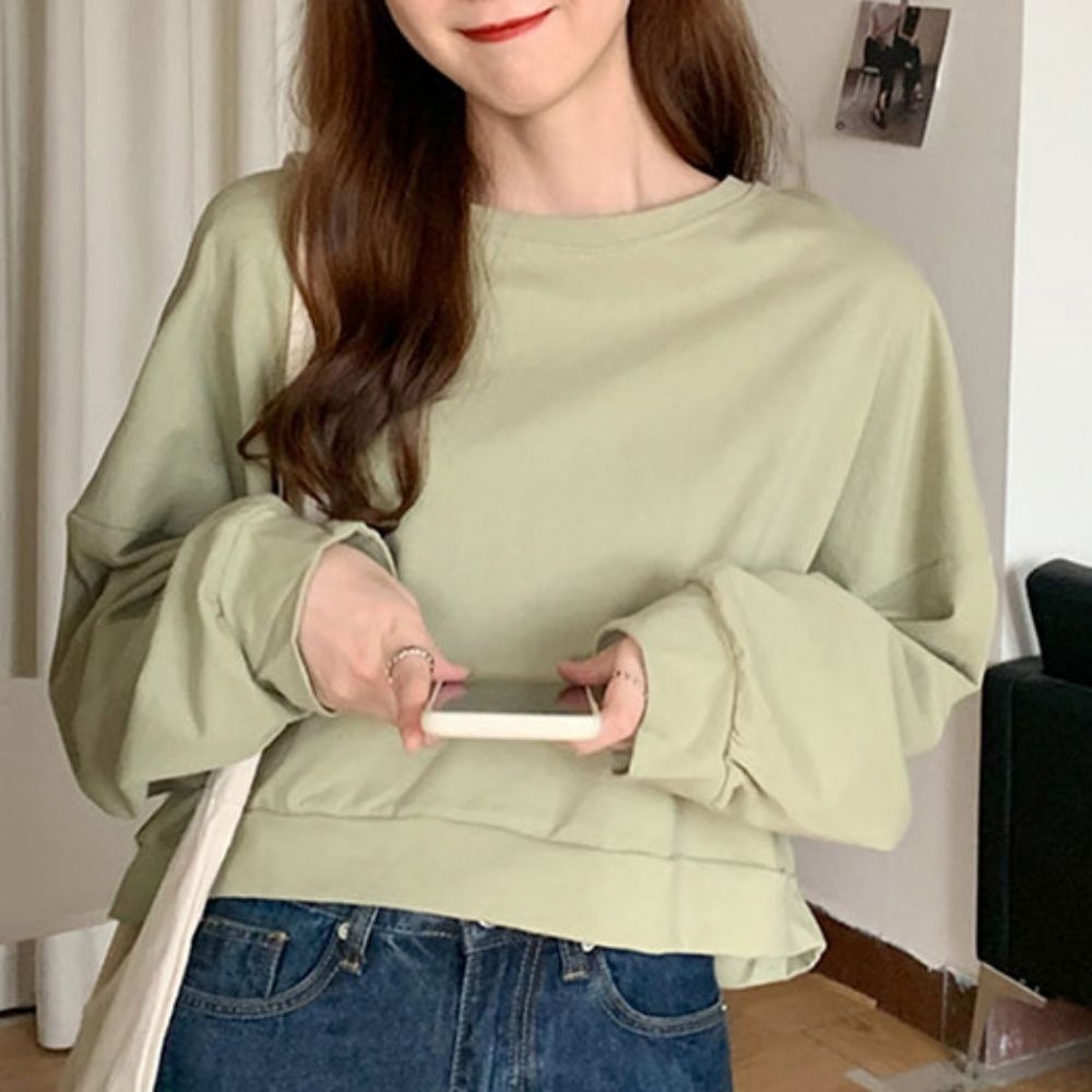 2컬러 캐주얼 상의 짧은 여자 와이드 라운드티