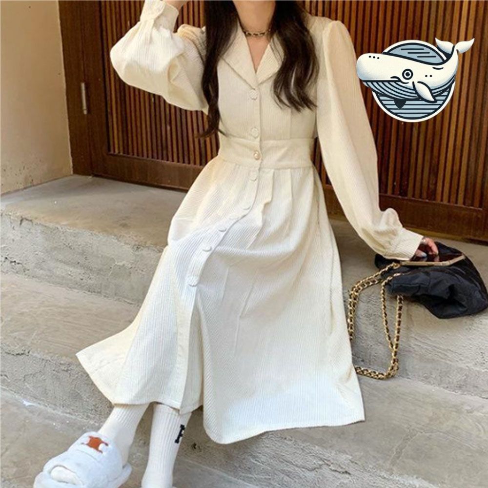 편안한 뒷밴딩 롱원피스 카라넥 진주단추 여성용