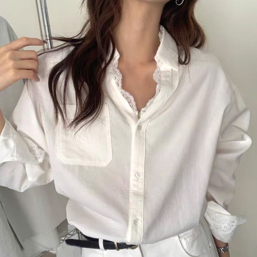데일리 루즈핏 레이스 레이어드 카라넥 셔츠 5컬러