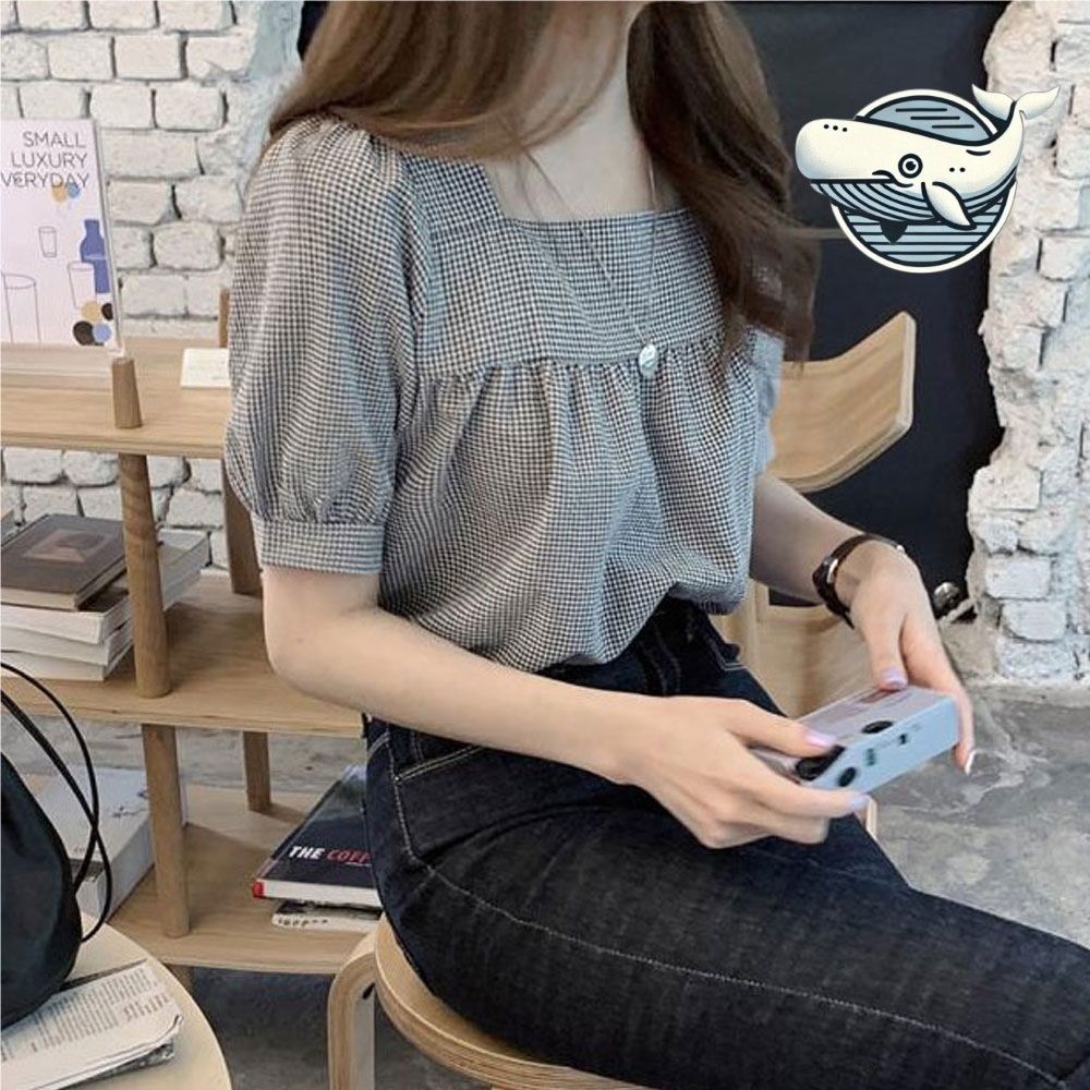 여성 스퀘어넥 체크 프론트 셔링 반팔 블라우스