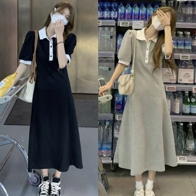 여성 카라배색 청순 기본 반팔 데이 롱 원피스