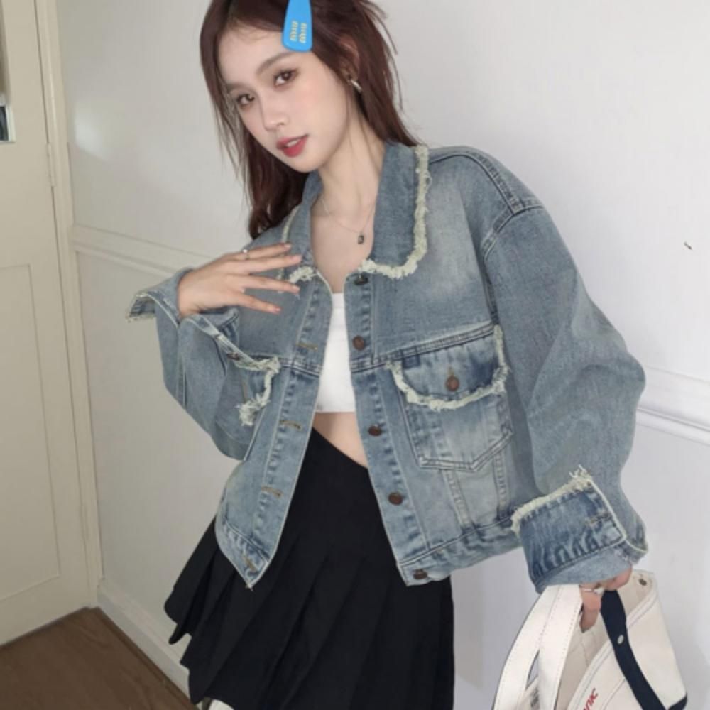 여성 빈티지 유니크 포켓 크롭 청자켓 데님자켓