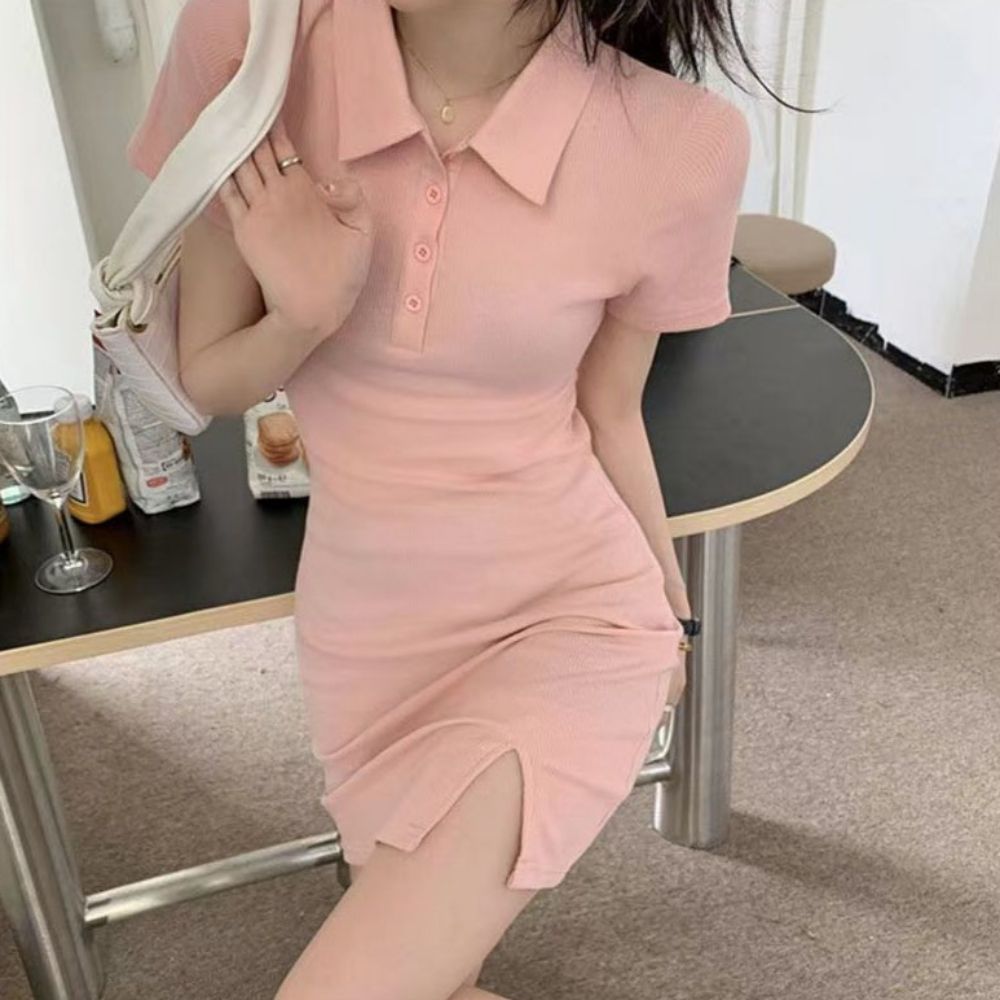 여성 4컬러 러블리 여름 카라 반팔 밑트임 미니원피스