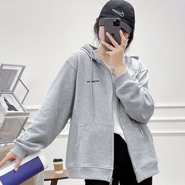 점퍼 그레이 무지 후드 긴팔 후드집업 베이직