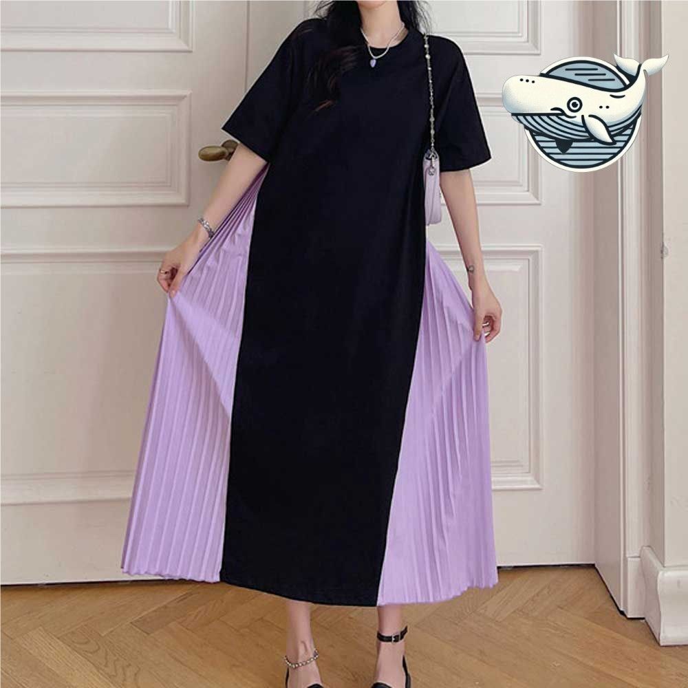 여름 캐주얼 반팔 롱원피스 퍼플 플리츠 데일리