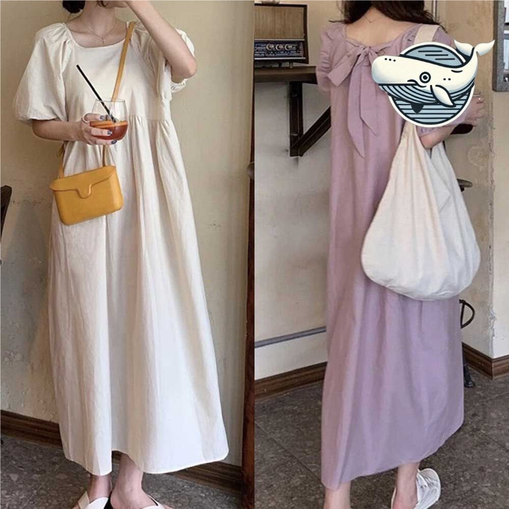 편안한 퍼프소매 여름 U넥 롱원피스 캐주얼