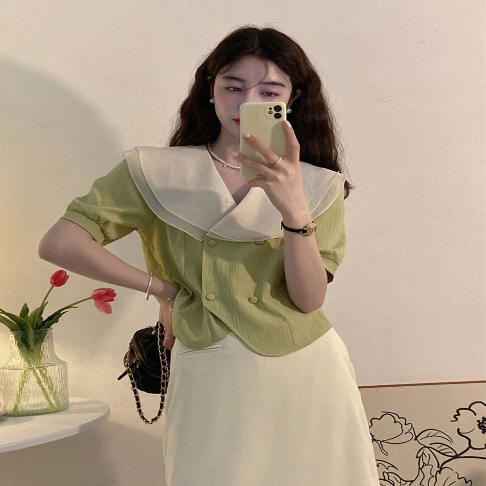 여성 러블리 여름 빅카라 레이스 블라우스 쉬폰 자켓