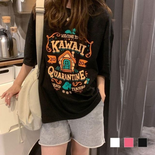 카와이 면 프린팅 기본 반팔티 데이 라운드티 기본 박